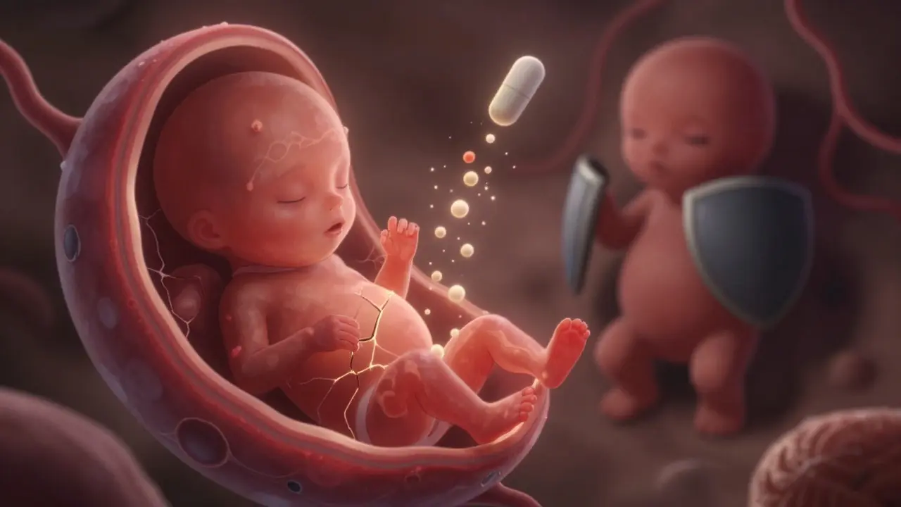 Early pregnancy placenta with gaps allowing drug particles to flood toward fetus, contrasted with mature placenta repelling toxins.