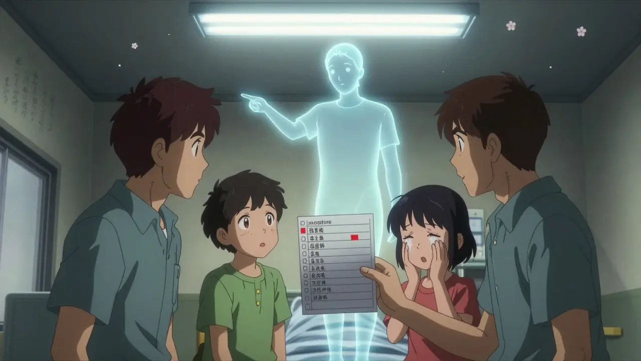 Family members argue in an ICU as the unconscious patient's spirit points to medication choices above them.