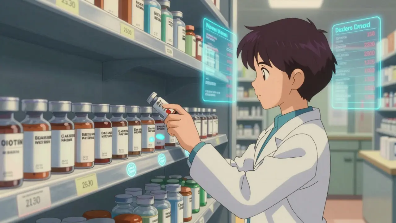 Futuristic pharmacy shelf with U.S.-made authorized generics and biosimilars in 2030.