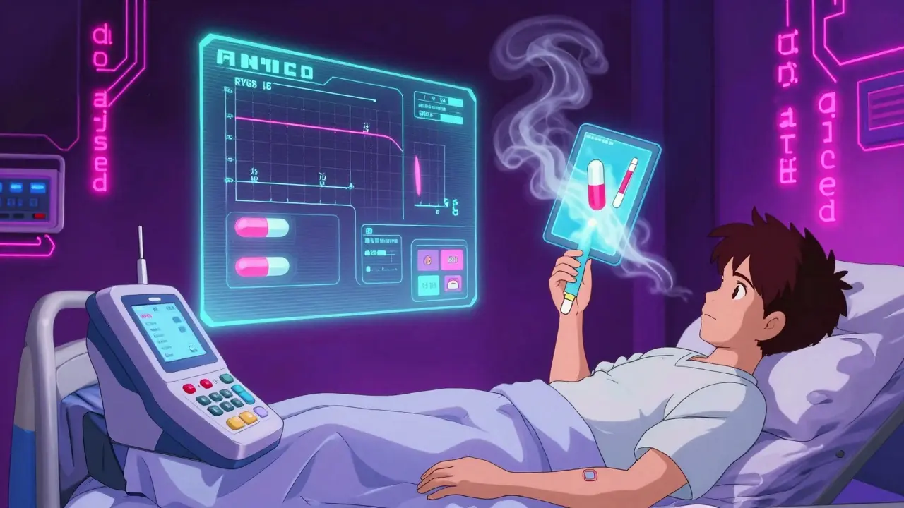 Holographic AI calculator showing drug absorption rates for bariatric surgery types, patient receiving implant.