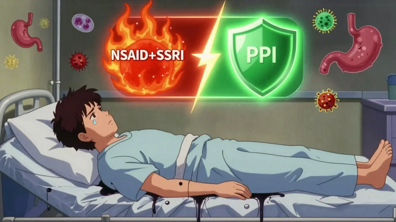 Hospital patient with black stools as ink tendrils, glowing safe vs. dangerous medication paths above.