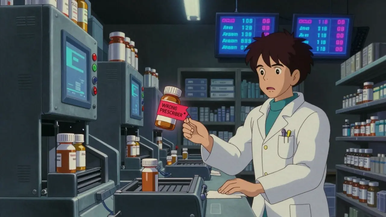 Mail-order pharmacy warehouse with automated systems and one bottle flagged for wrong prescriber