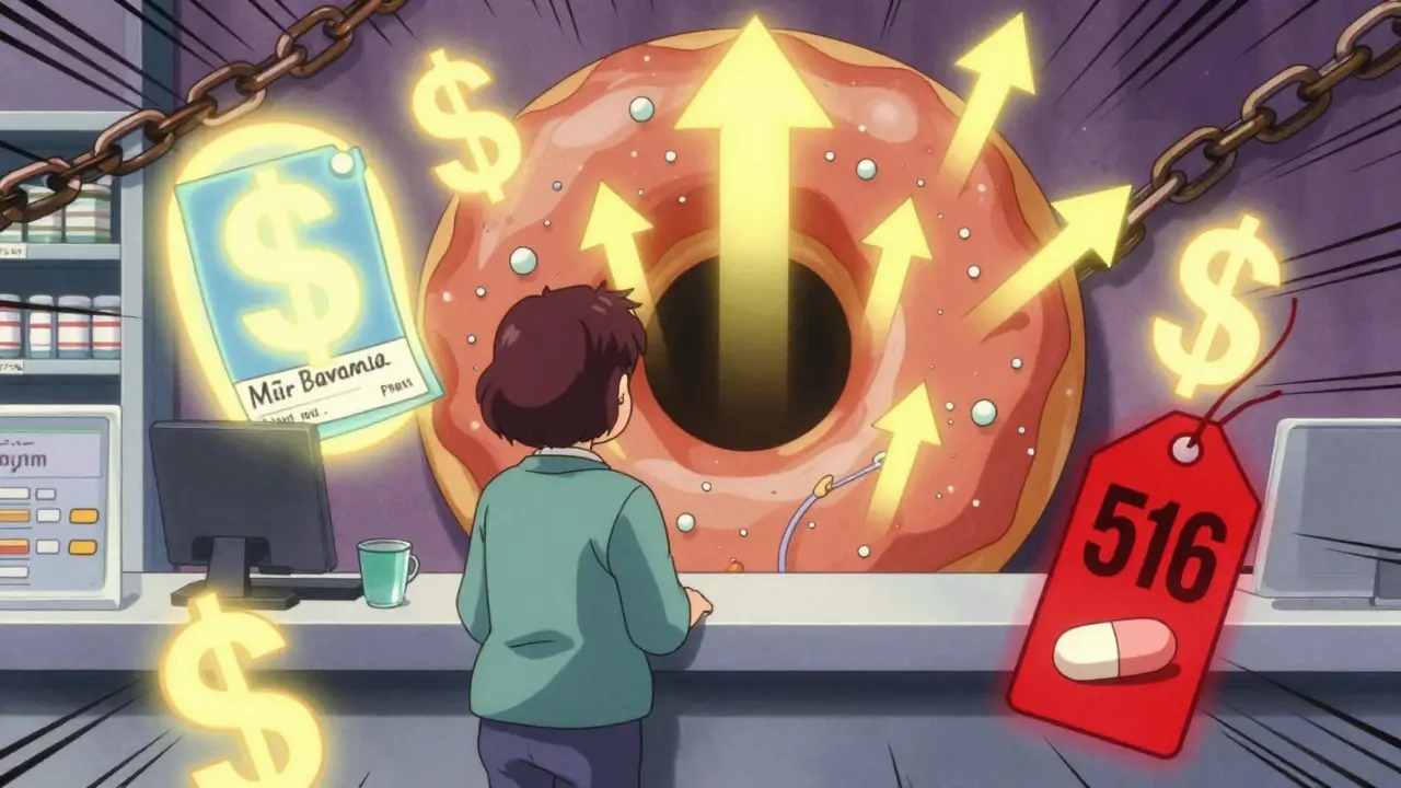 Medicare beneficiary surrounded by cost symbols and a donut hole representing coverage gap