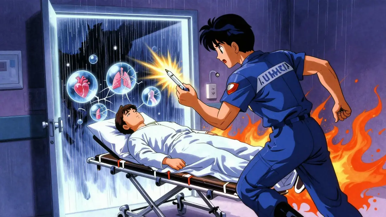Paramedics rushing a patient into hospital with glowing EpiPen pulse, medical icons shattering around them in retro anime style.