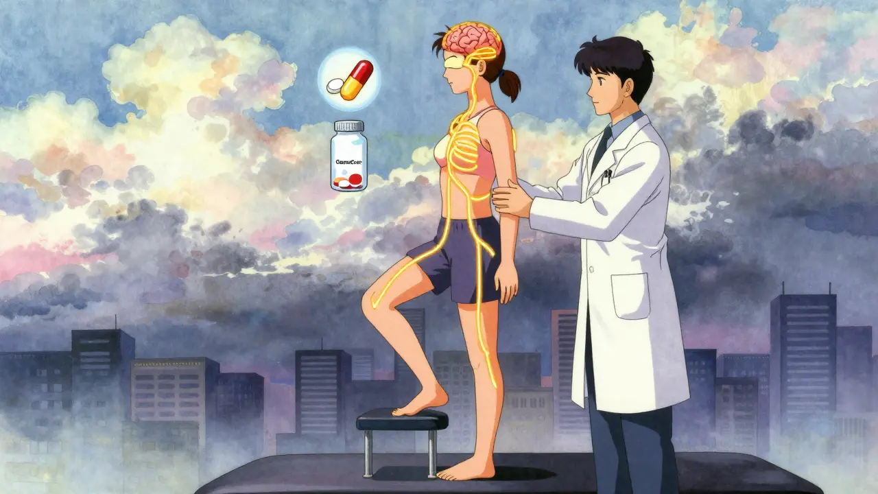 Patient doing balance exercises with glowing neural pathways, flanked by neurologist and therapist, medical symbols floating nearby.
