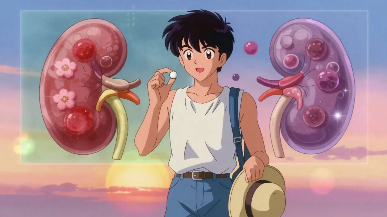 Patient holding mycophenolate pill with sunhat, split vision of healthy vs failing kidney cells in retro anime style.