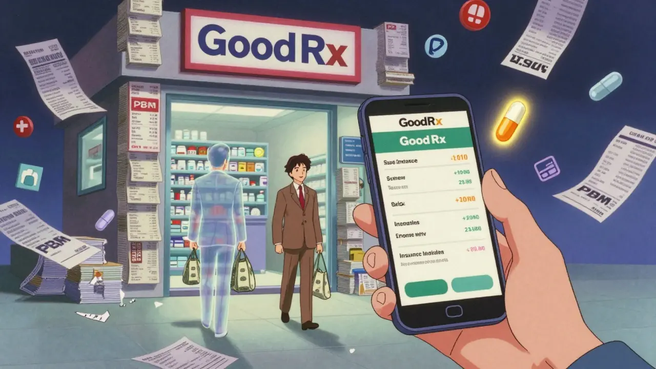 Person using phone to compare drug prices, with abstract middlemen figures in background