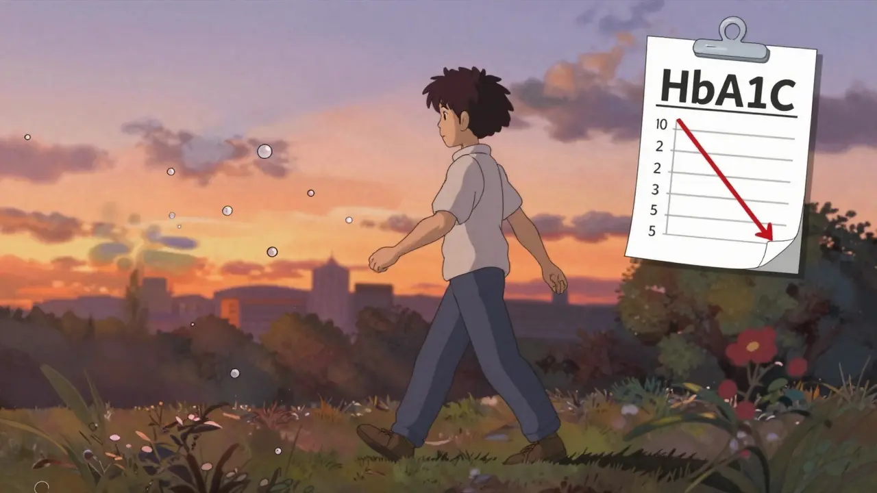 Person walking peacefully in park as gas bubbles fade, symbolizing improved digestion.