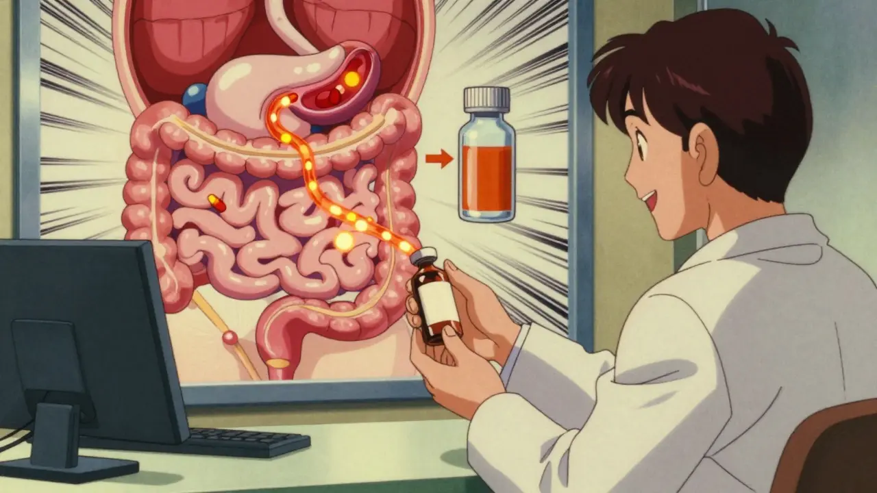 Pharmacist giving liquid medication to patient, with animated digestive system diagram in background.
