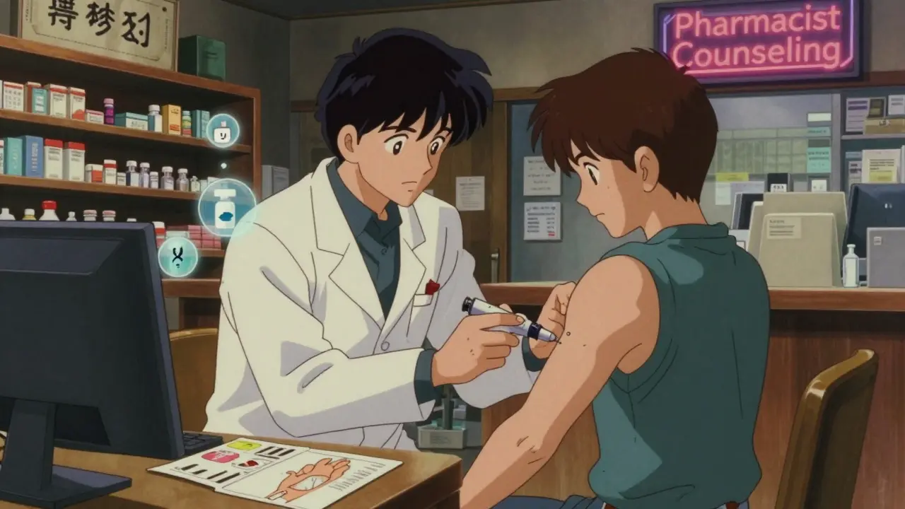 Pharmacist watches patient use insulin pen while personalized handout with injection site illustrations lies on counter.