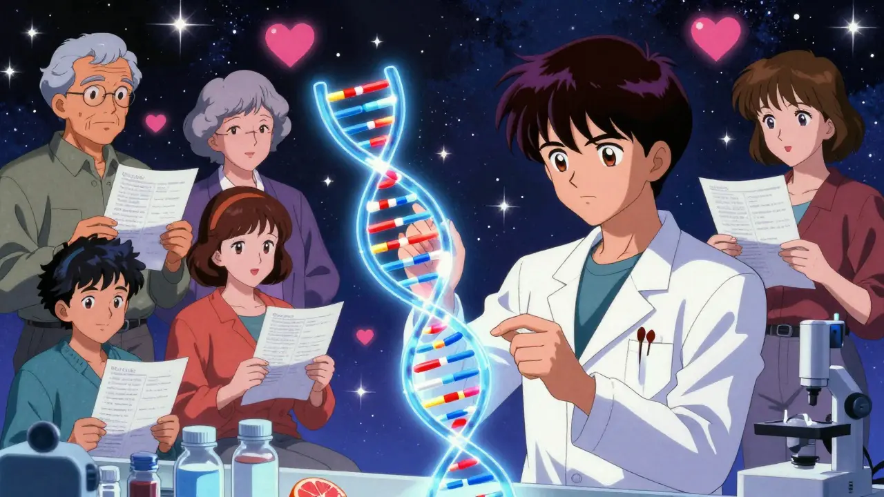 Scientist analyzing DNA pathways for personalized drug safety, patients holding medication lists in background.