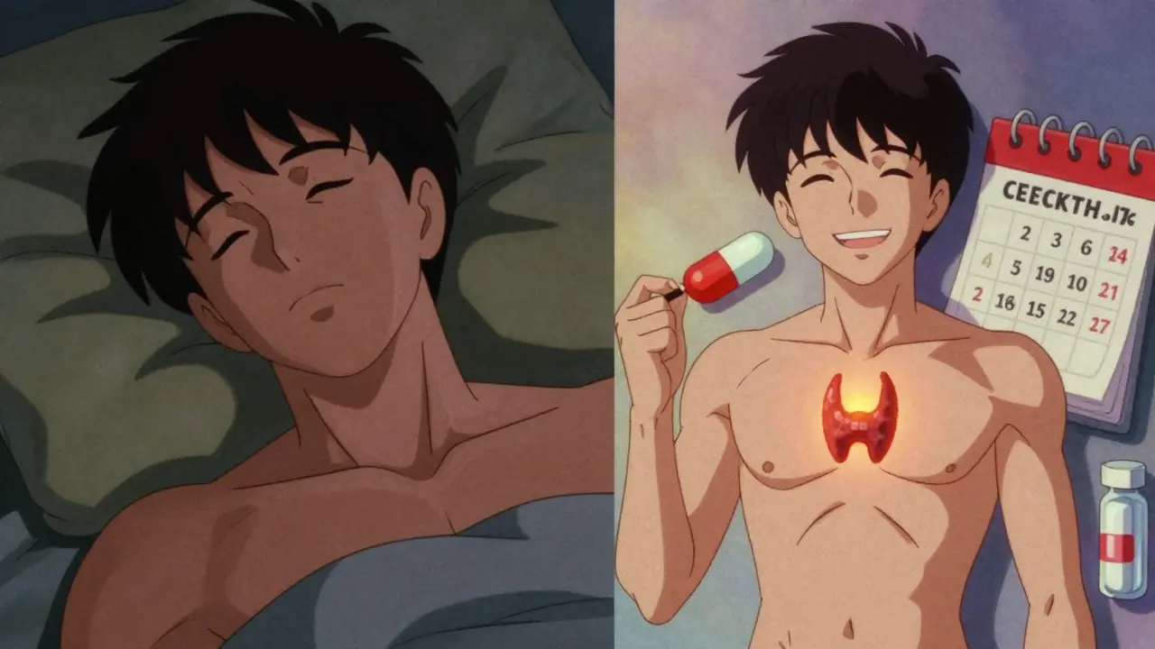 Split scene: a tired person vs. a vibrant one, with thyroid and selenium symbols in retro anime art.