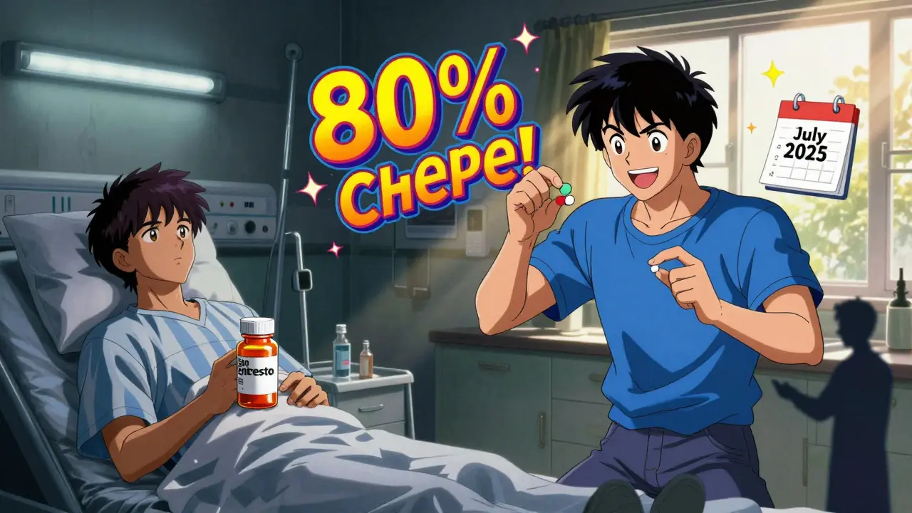 Split scene: patient in gloomy hospital vs. same patient happy in sunlight holding cheap generic pill, '80% cheaper!' sparkles.