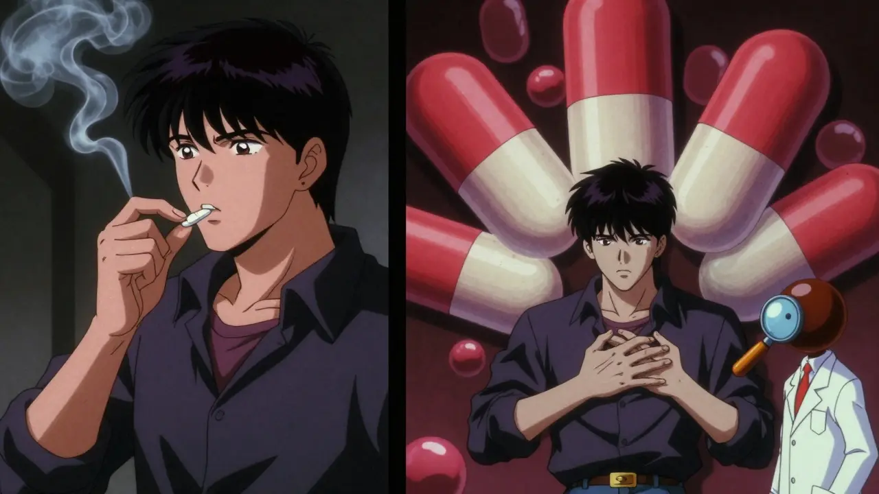 Split scene: smoker taking pill vs same person later overwhelmed by bloated medications.