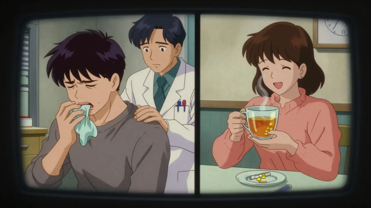 Split-screen showing nausea vs. relief in clinic setting, with emotional anime-style lighting and motion lines.