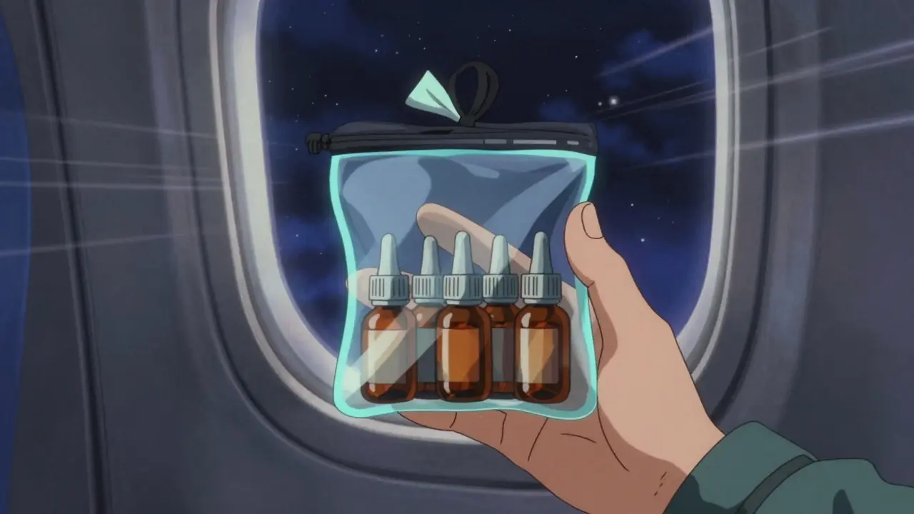 Traveler holding a UV-protected bag with amber eye drop bottles inside, stars visible through a plane window.