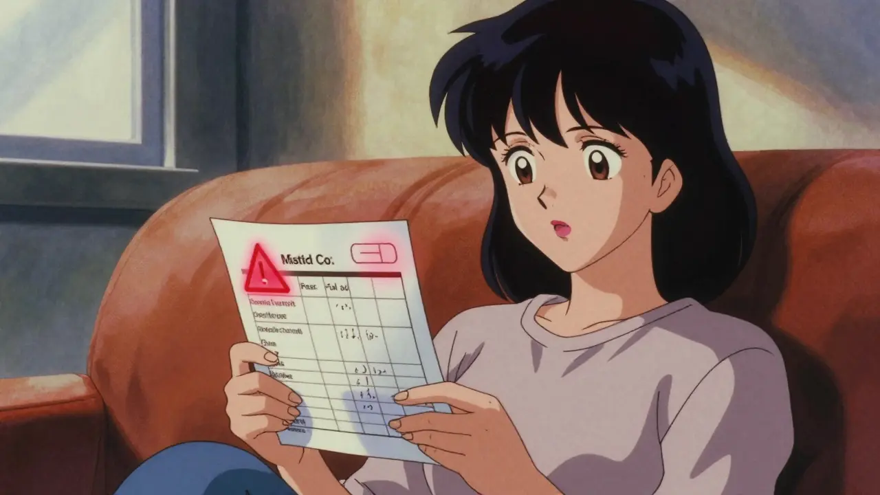 Woman comparing medication label with handwritten record at home, red warning symbol visible