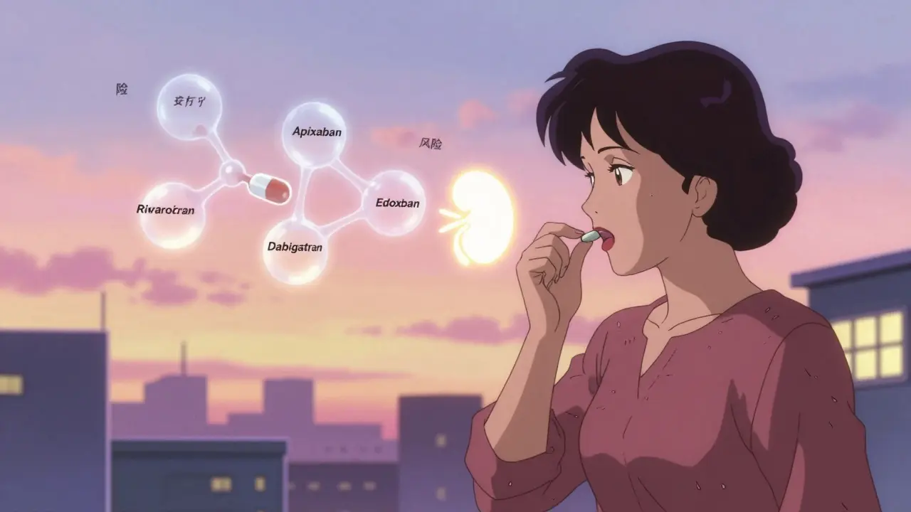 Woman taking DOAC pill at sunrise with floating drug molecules and glowing kidney warning