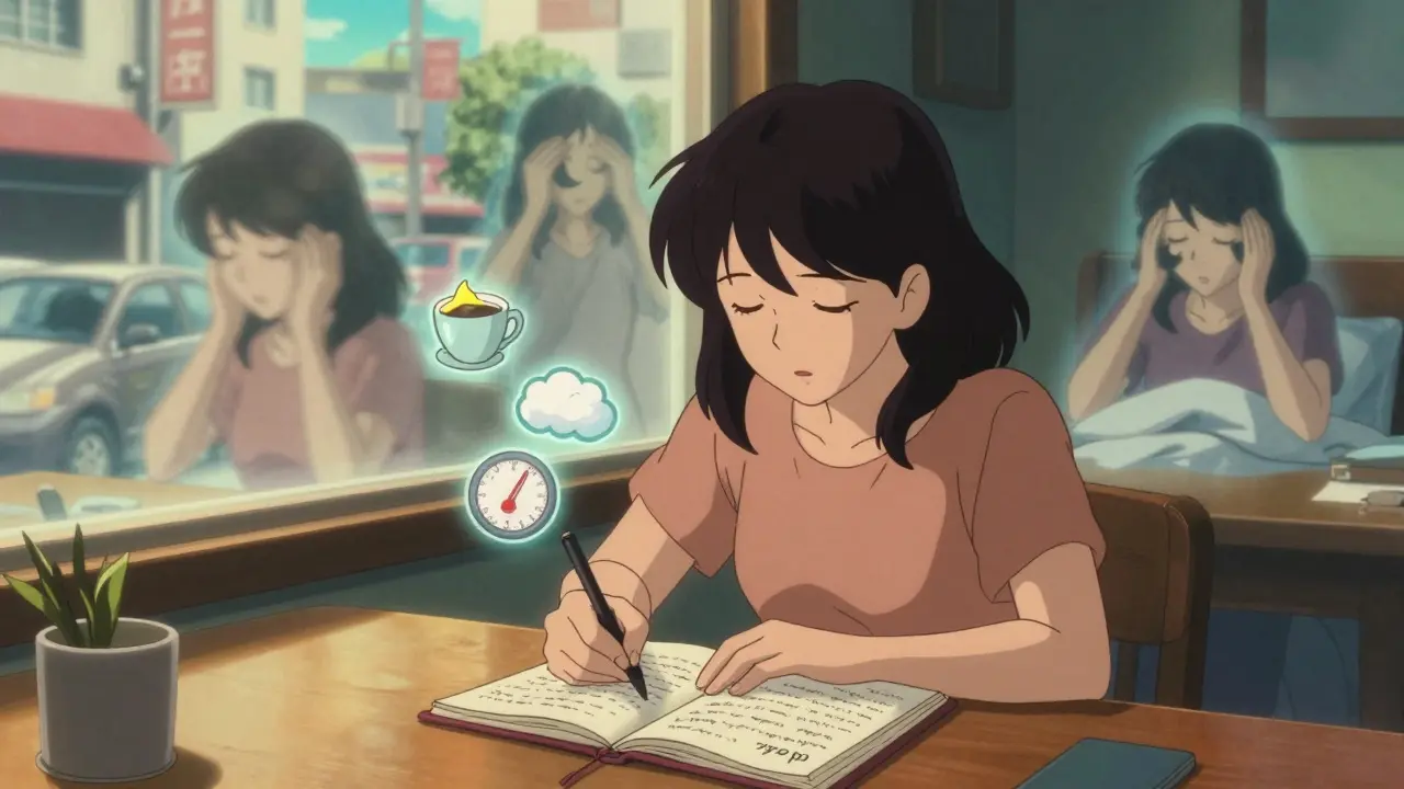 Woman writing in a diary with floating trigger icons like coffee, sleep, and stress.