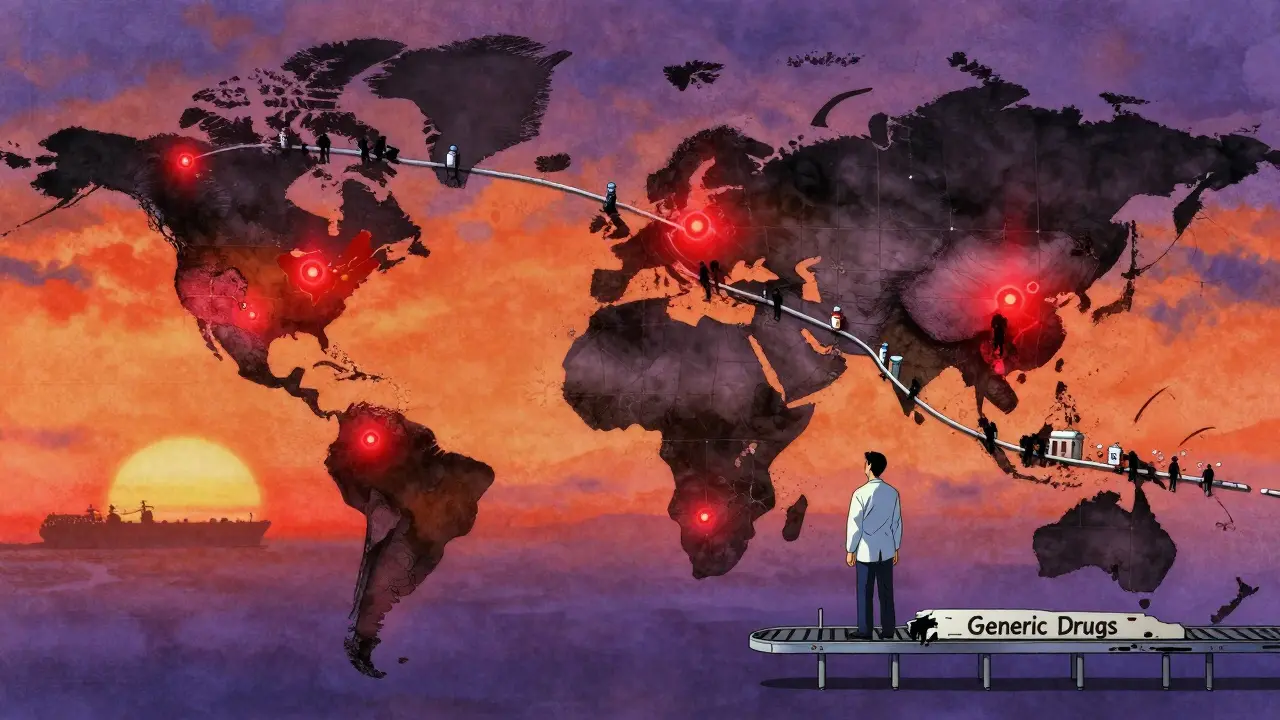 A global supply chain map shows drug shortages collapsing from overseas factories to U.S. hospitals, patients fading away.