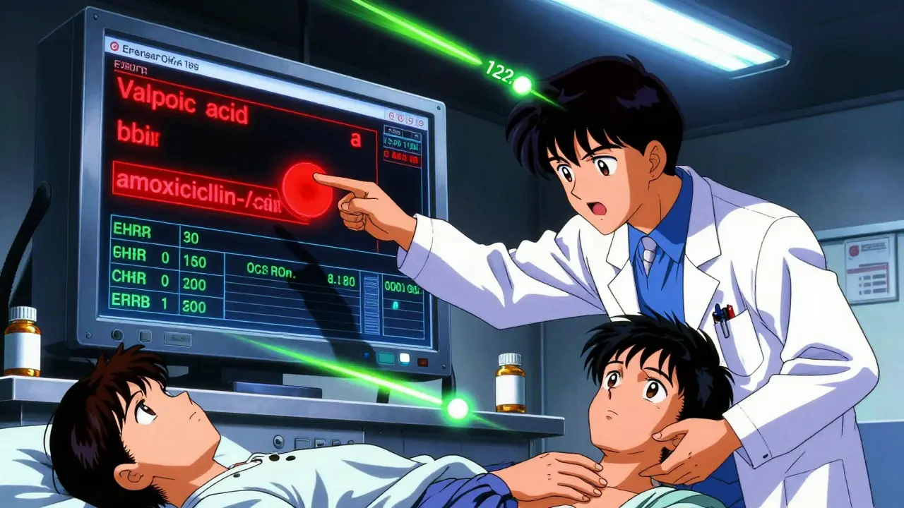 Doctor alerts patient to dangerous drug interaction on glowing hospital screen.