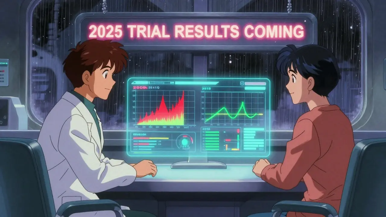 Doctor and patient viewing holographic study data in a futuristic clinic, retro anime aesthetic.