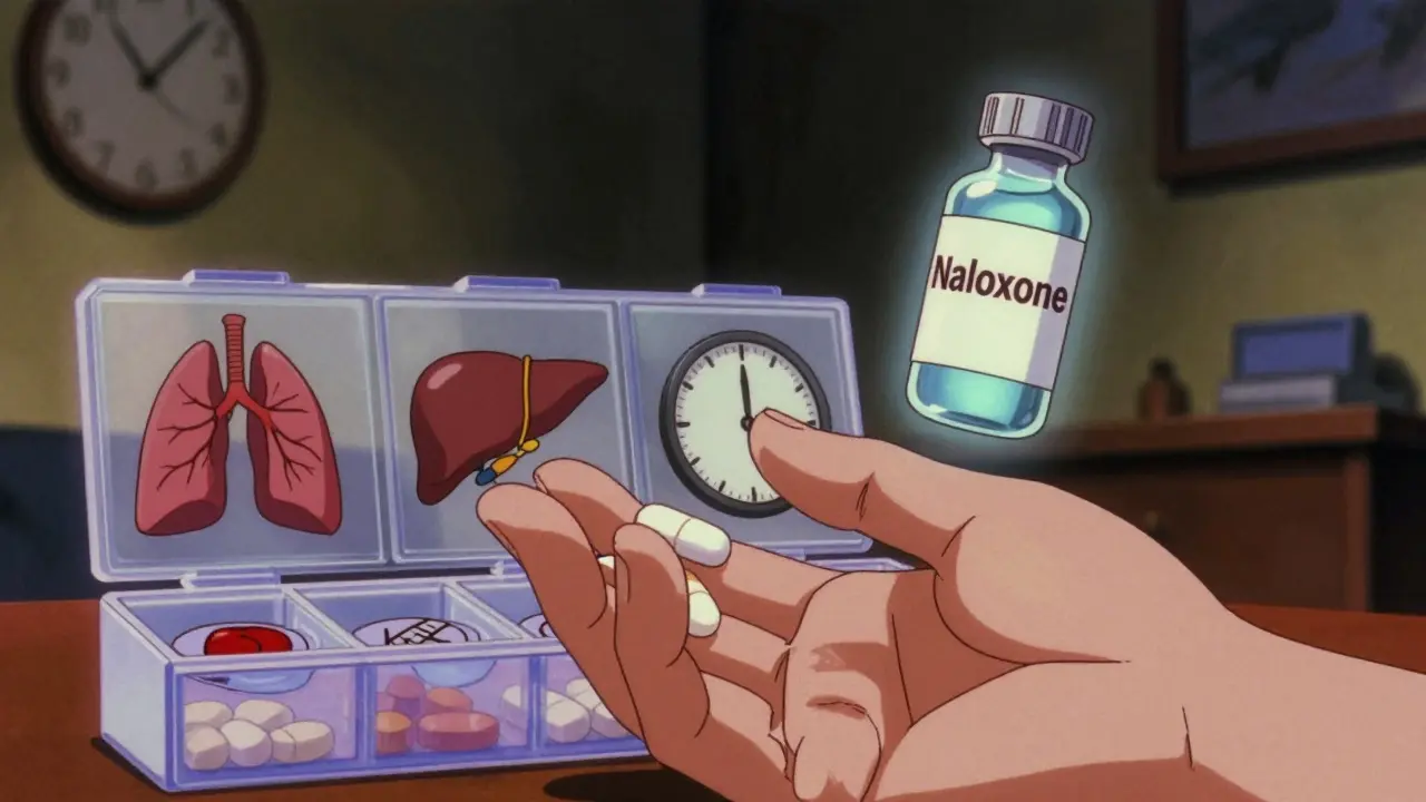 Hand holding pills above an organizer with warning symbols and a glowing antidote vial nearby.