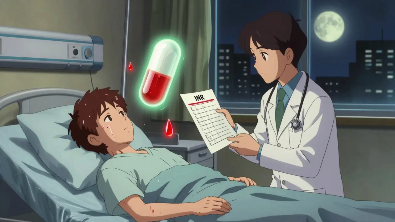 Hospital patient with floating blood droplets and a high INR reading on a report.