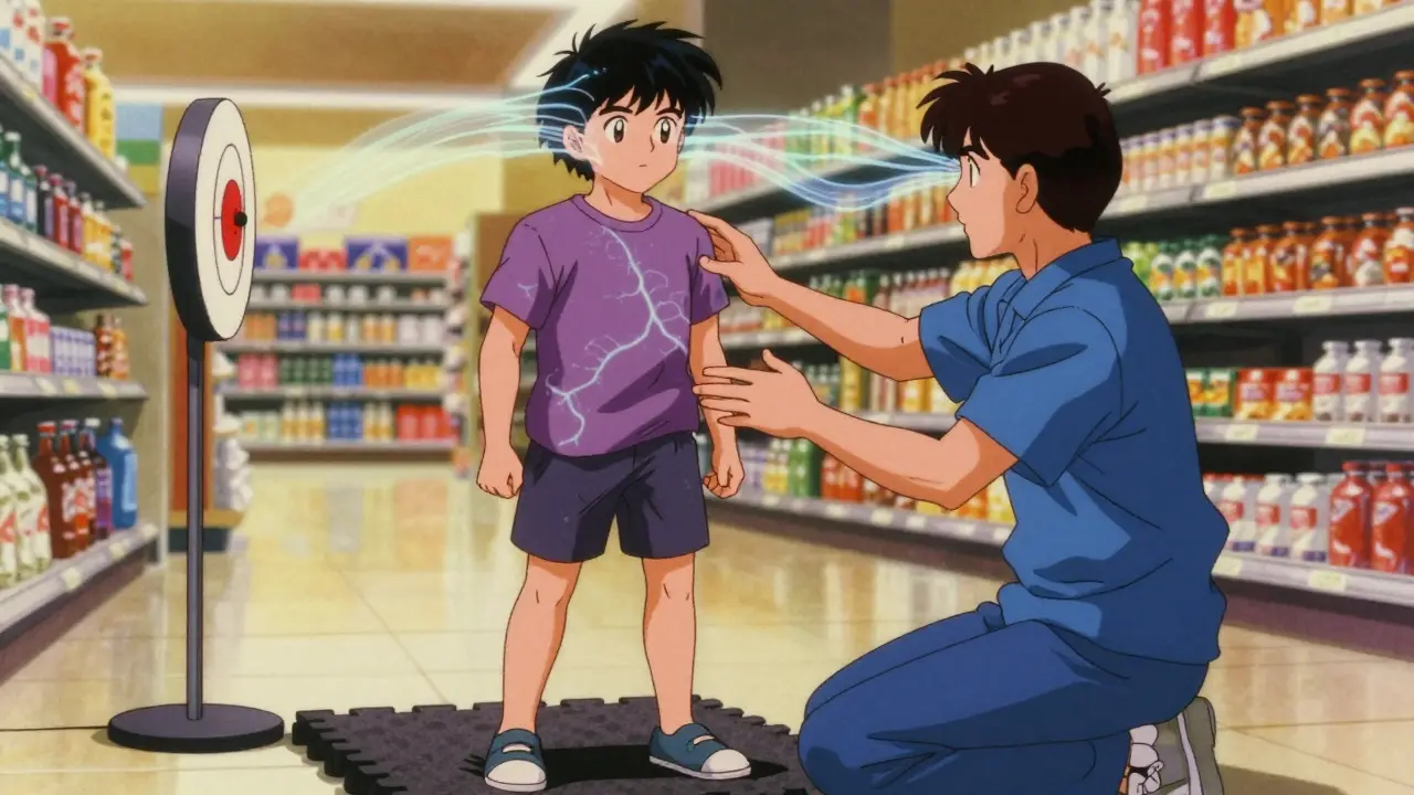 Patient doing vestibular rehab exercises with visual target and blurred store background