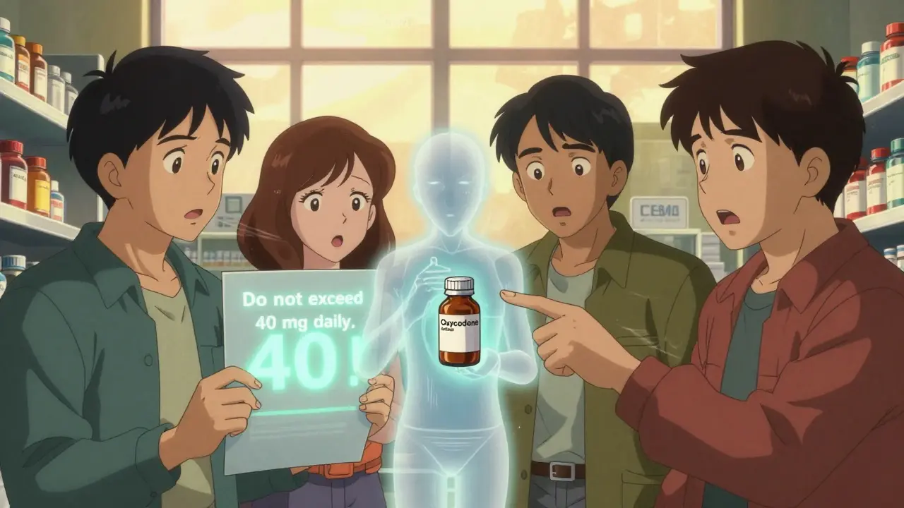 People in a pharmacy as a medication guide reveals a glowing naloxone antidote.
