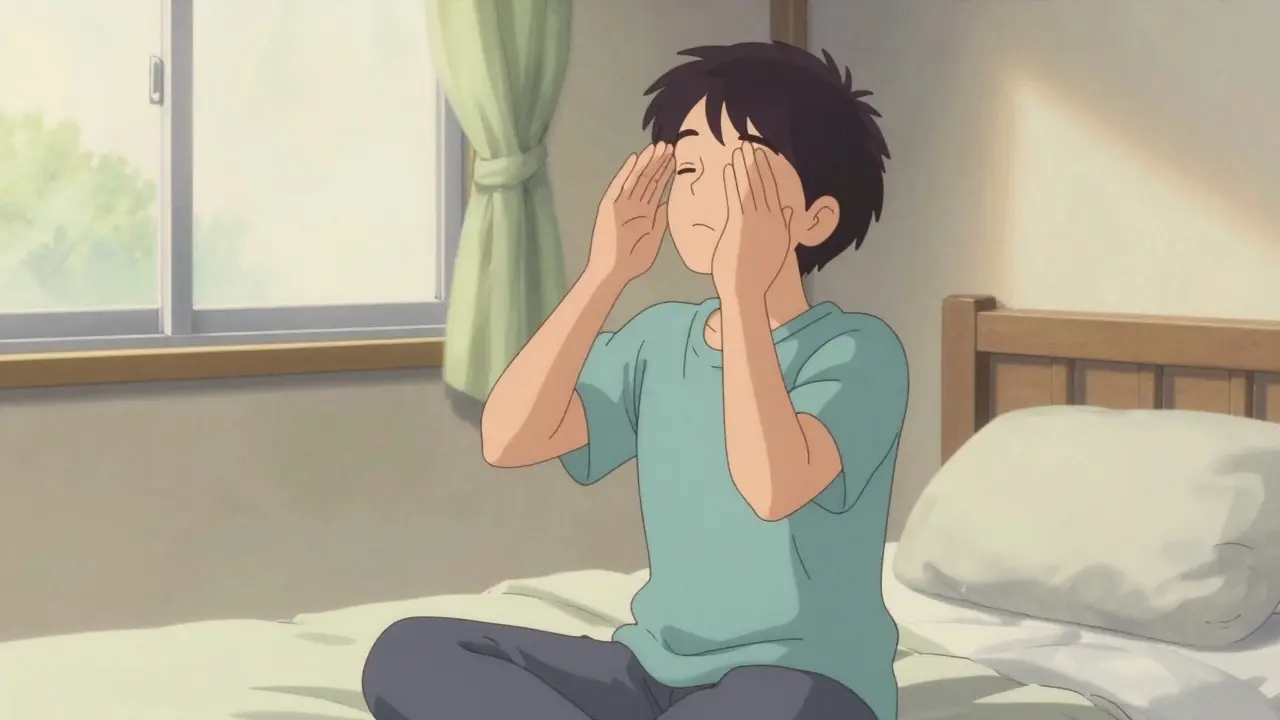 Person meditating in calm bedroom with soft natural light.