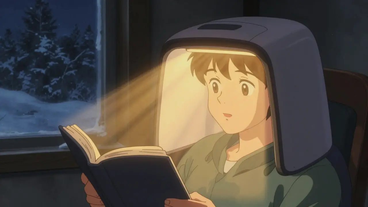 Person using light therapy box while reading