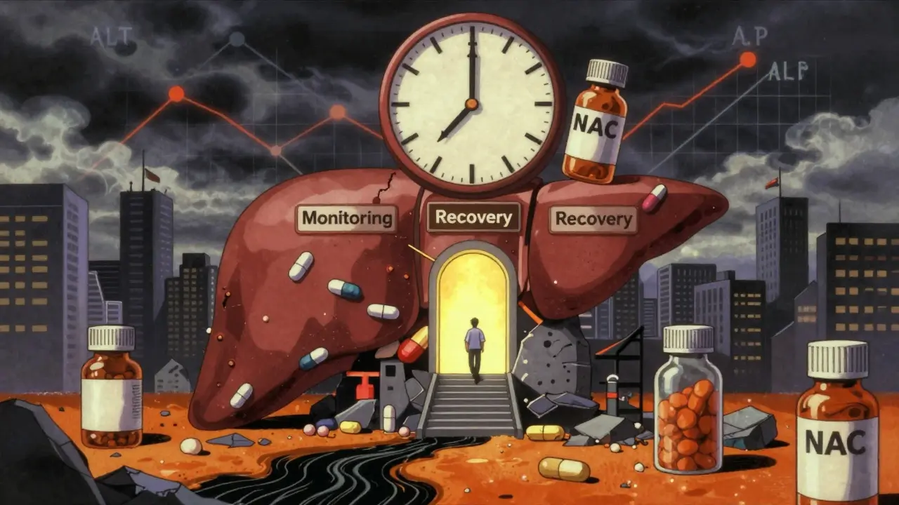 Symbolic liver city crumbling under pill bottles, patient climbing toward recovery.