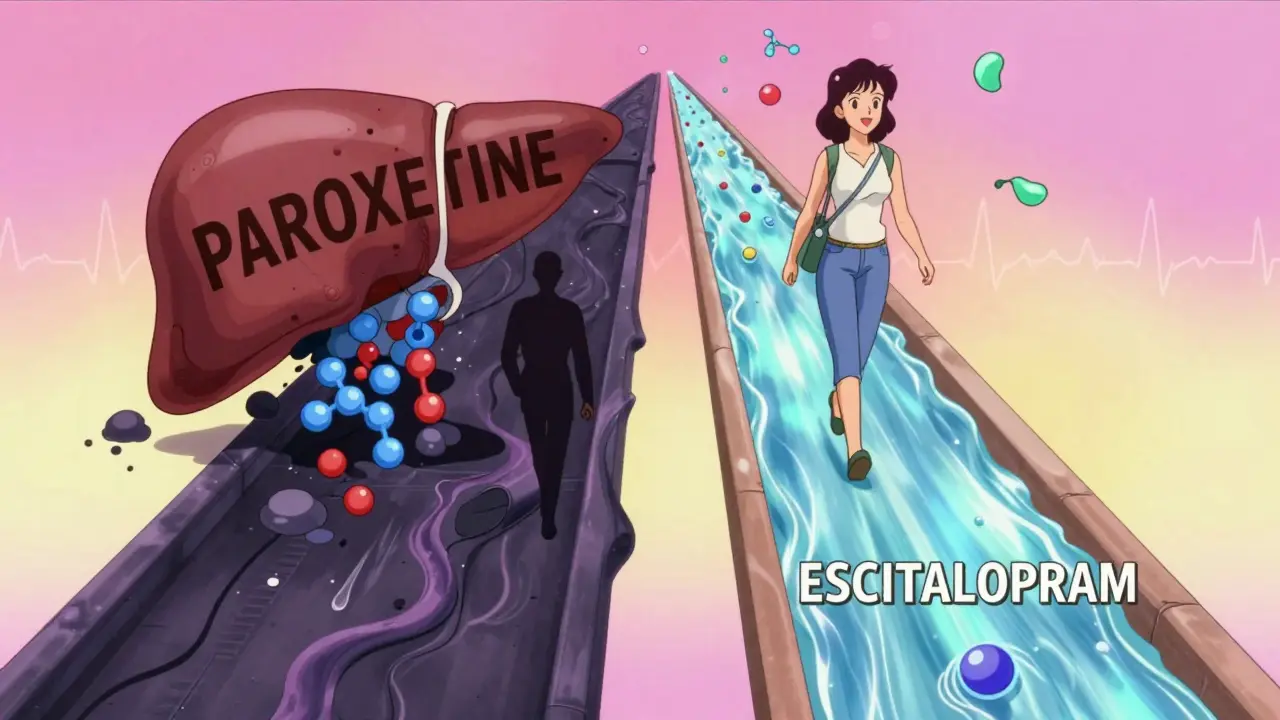 Two liver pathways: one blocked by paroxetine, one clear with escitalopram, in retro anime style.
