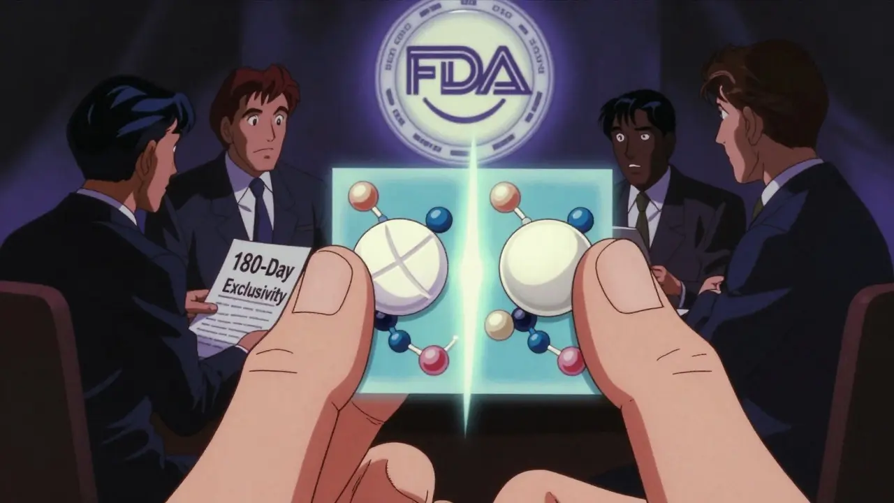 Two pills side by side glow with identical molecular structures, while corporate figures argue over patent exclusivity.