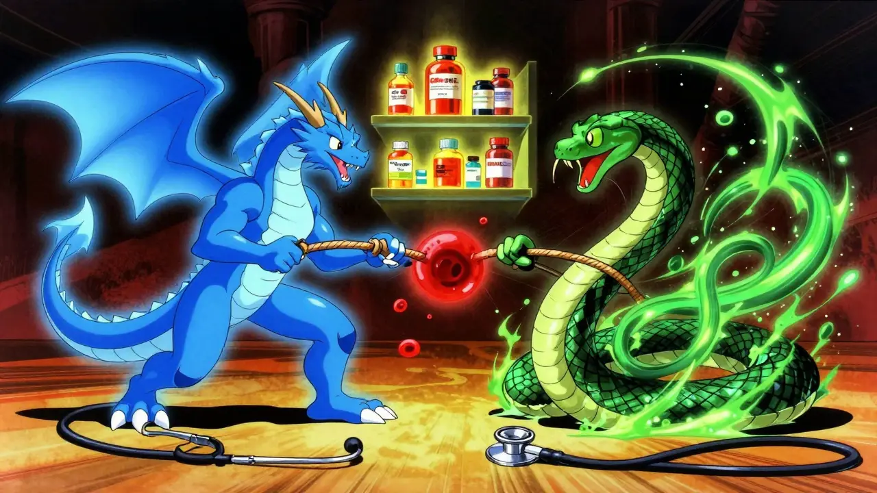 Warfarin dragon and vitamin E serpent battling over a blood cell in symbolic conflict.