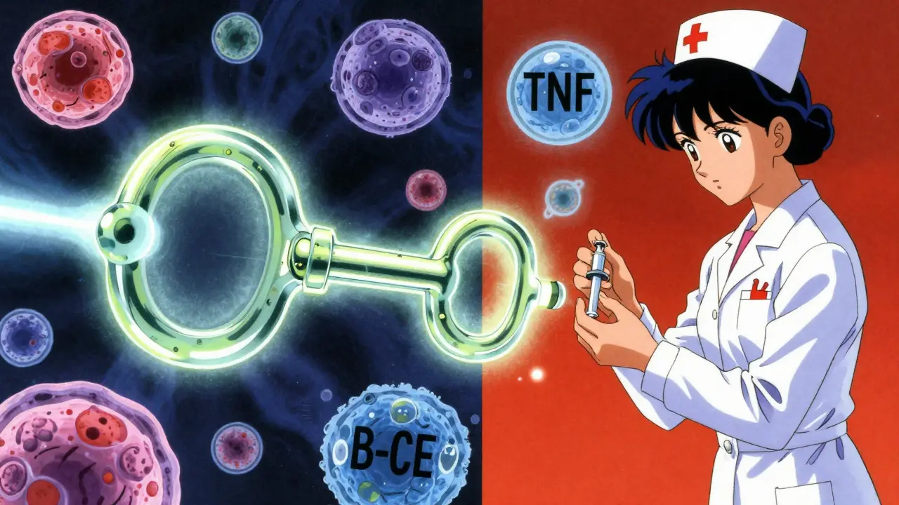 A biologic drug molecule unlocking a damaged joint, with immune cells floating around in retro anime style.