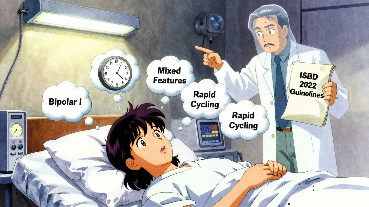 A patient in bed surrounded by floating thought bubbles showing manic risk factors under flickering hospital lights.