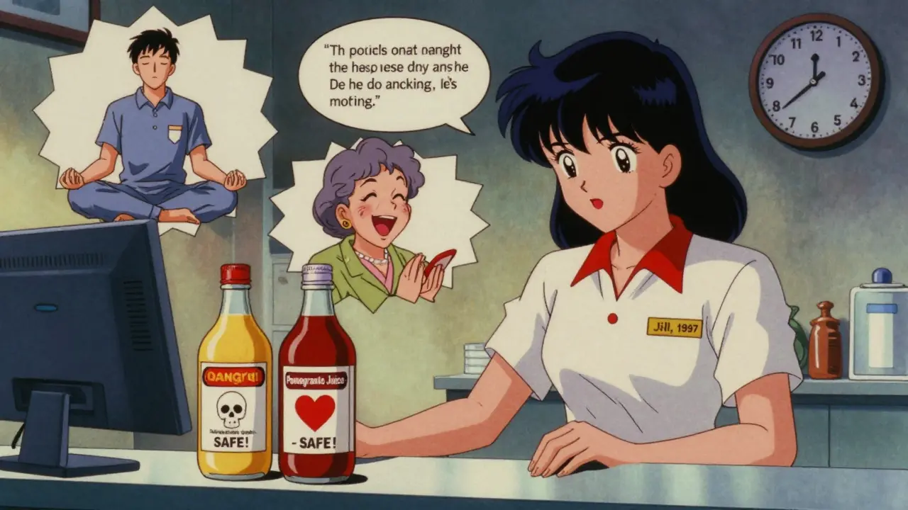 A pharmacist holding two bottles labeled 'Danger' and 'Safe', with floating patient stories showing steady health outcomes.