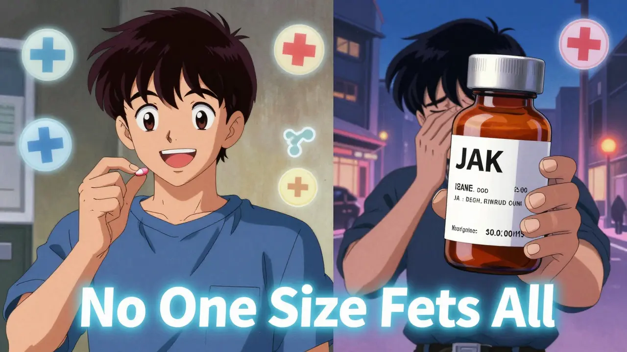A split scene showing a patient taking a pill versus another struggling with drug costs, in retro anime style.