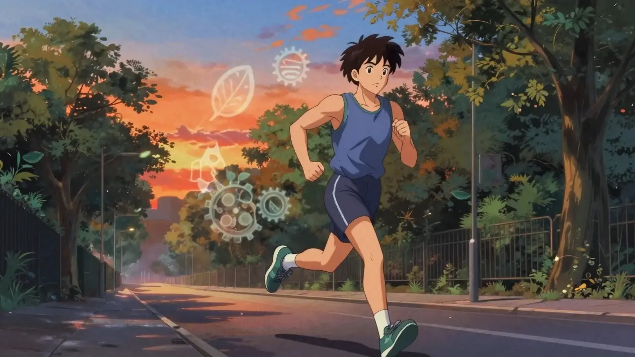 Character jogging at dawn with symbolic health icons