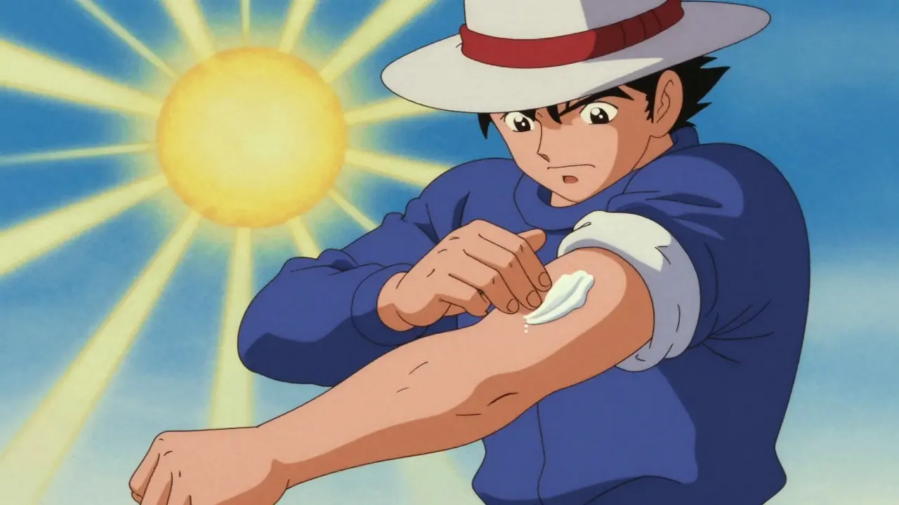 Character wearing sun protective clothes applying sunscreen lotion outdoors.