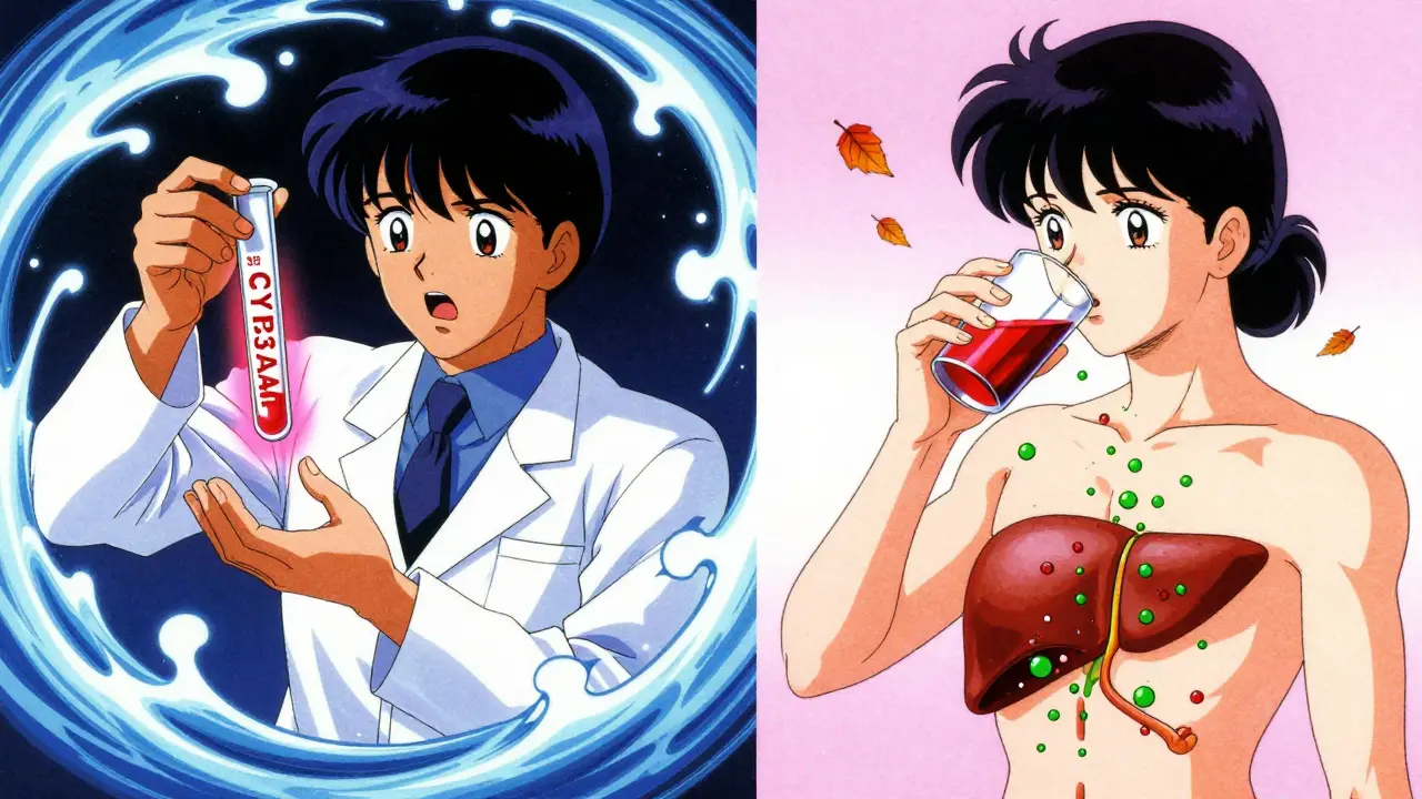 Contrasting lab scene with glowing test tubes and a calm human body where pomegranate particles drift harmlessly past enzymes.