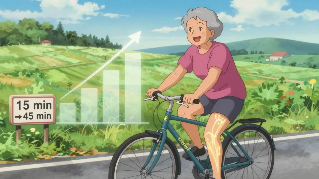 Elderly woman cycling peacefully, showing gradual fitness improvement on statins.