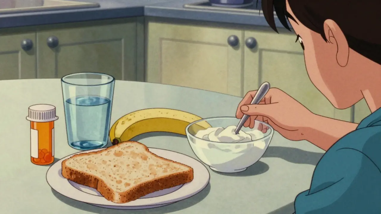 Healthy meal with toast and yogurt next to medicine on kitchen table.