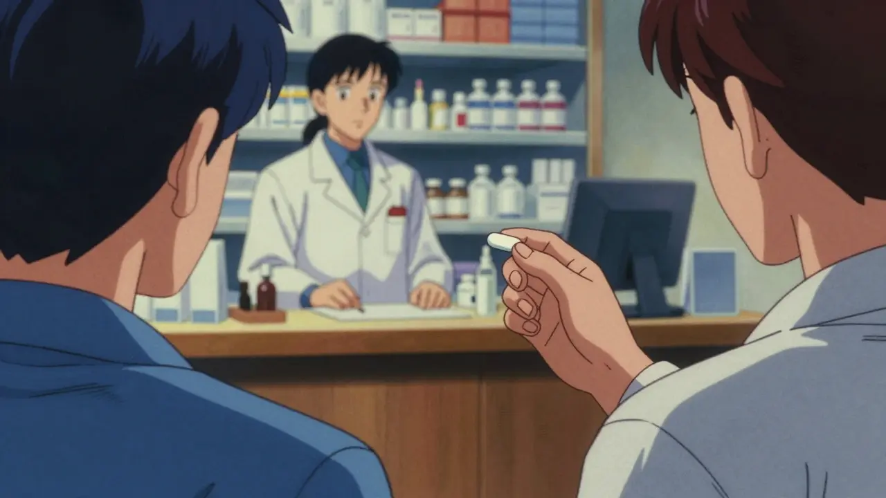 Patient inspecting a pill while pharmacist stands behind counter.