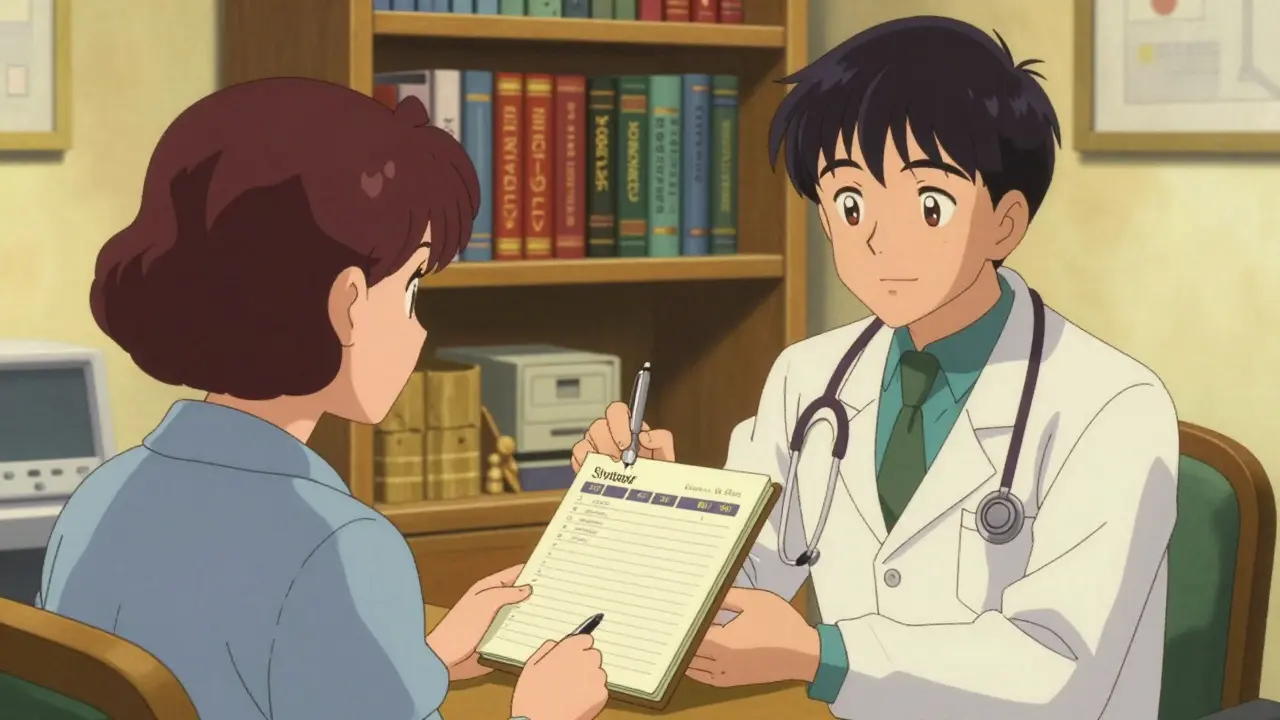 Patient showing notebook to doctor in warm office