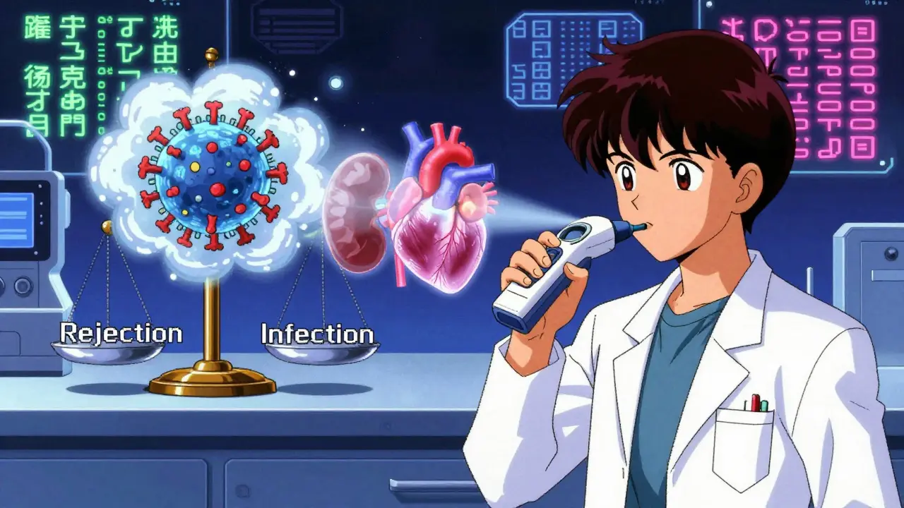 Scientist using breathalyzer device to measure TTV virus cloud balancing rejection and infection risks.