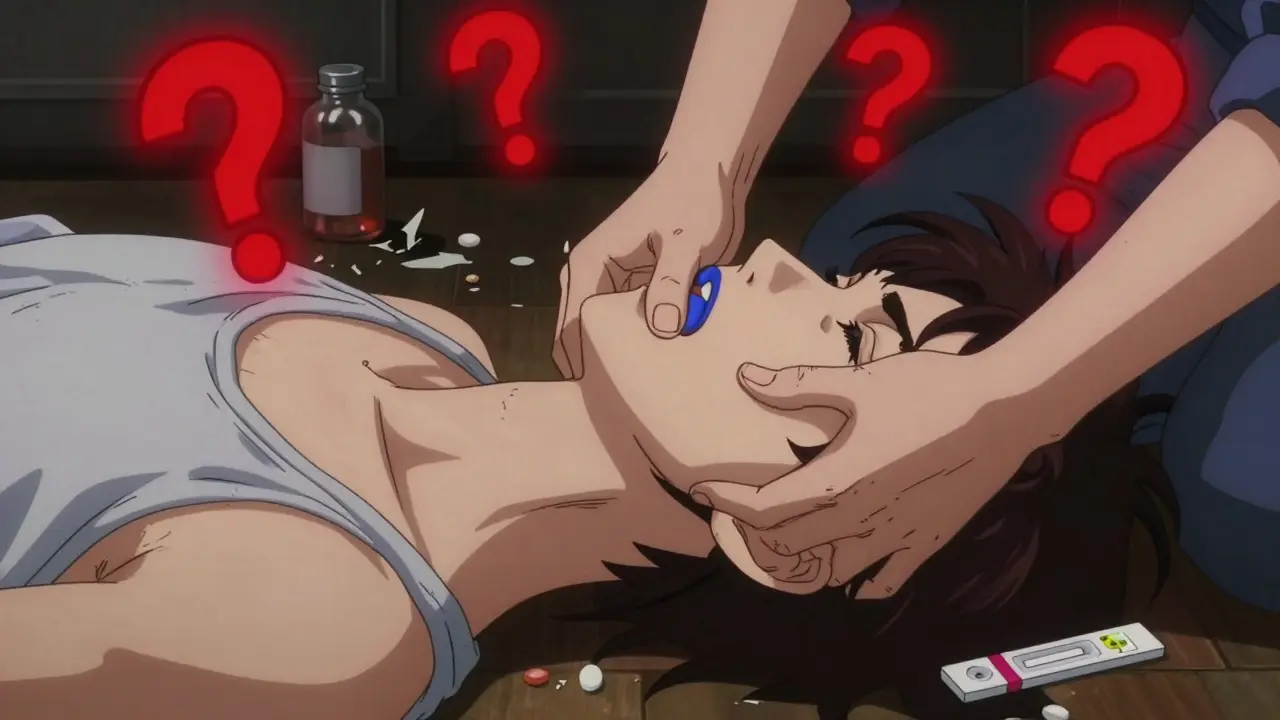 Someone performing rescue breathing on an overdosing person, with fentanyl test strip on floor.