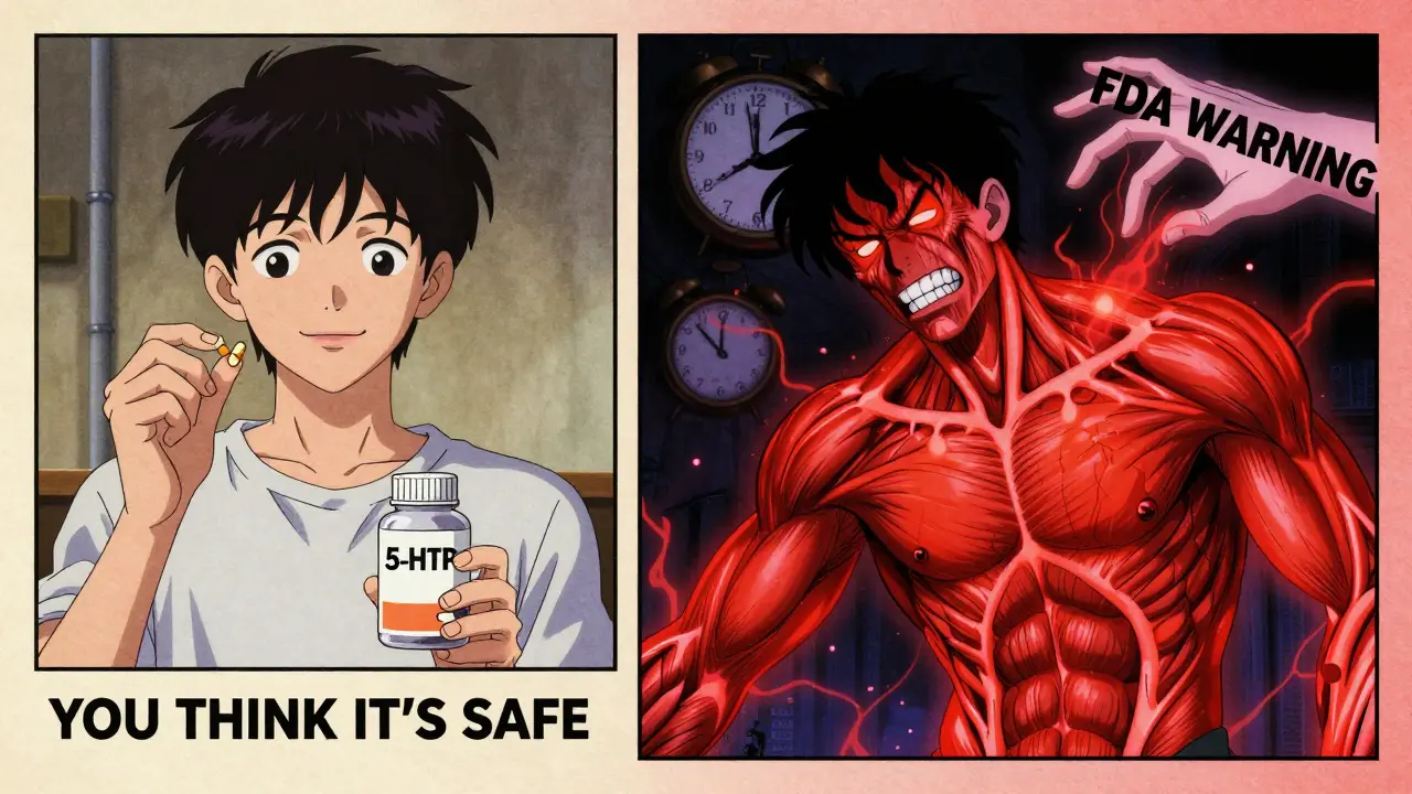 Split-panel showing a person smiling while taking 5-HTP on one side, and convulsing with toxic serotonin effects on the other, under a looming FDA warning.